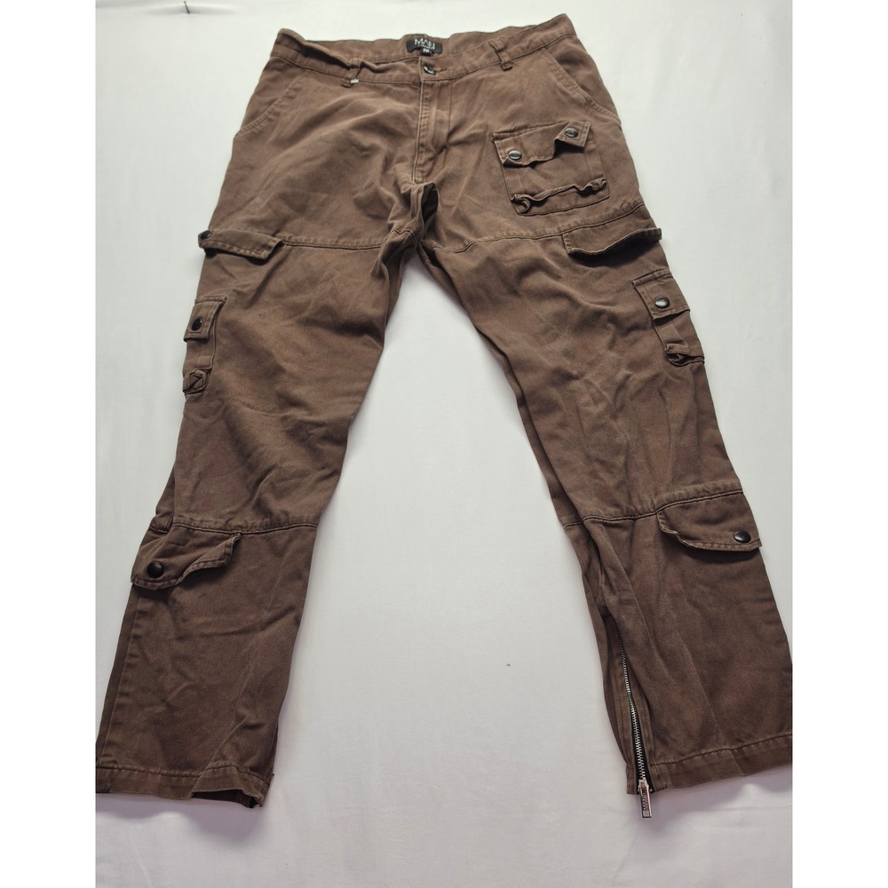 BoohooMAN Mens Brown Multi Pocket Cargo Pants Size 30 Zip Ankle Utility Trousers